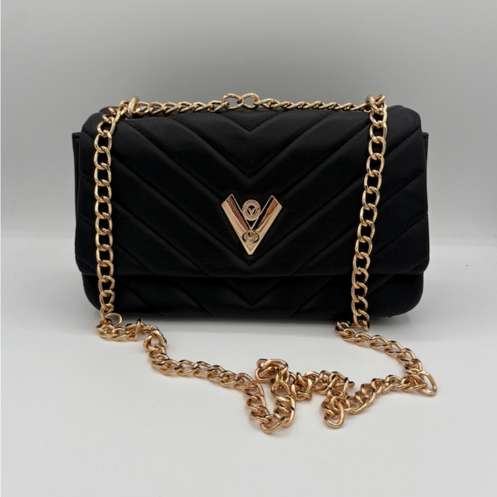 Valentino Orlandi Black Quilted Crossbody Bag with Gold Chain